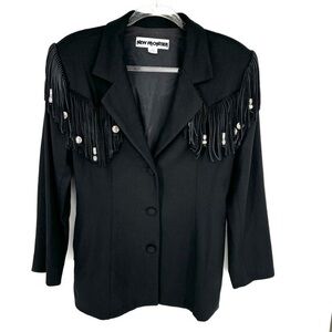 Country Western Fringe Jacket Black Size Medium Wool Cowboy Beaded 90's